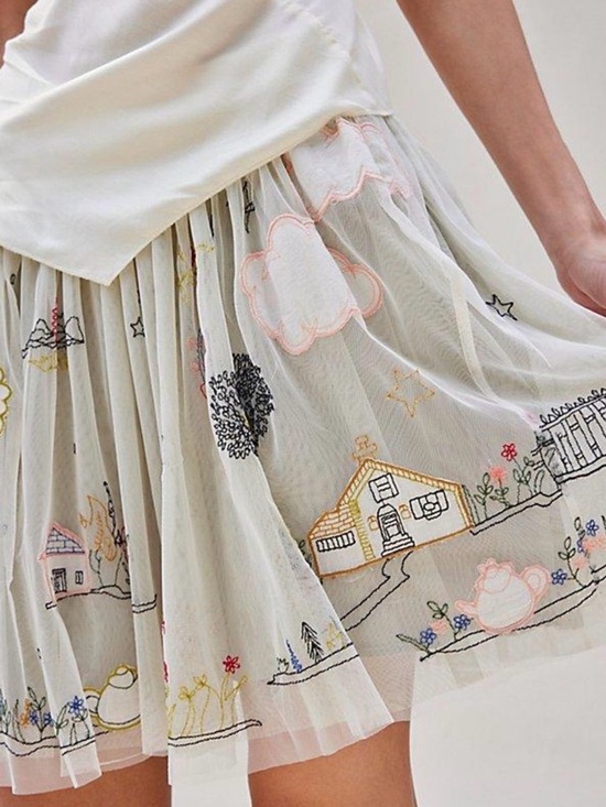 Free People Dresses & Skirts - Free People Ivory Embroidered Mesh Mini Skirt with Pastel Motifs
